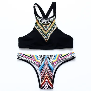 

2018 New Women Bikinis High Neck Push up Bikini Set Geometry Black Swimwear Female Slim Print Swimsuit Biquini brazilian Beach