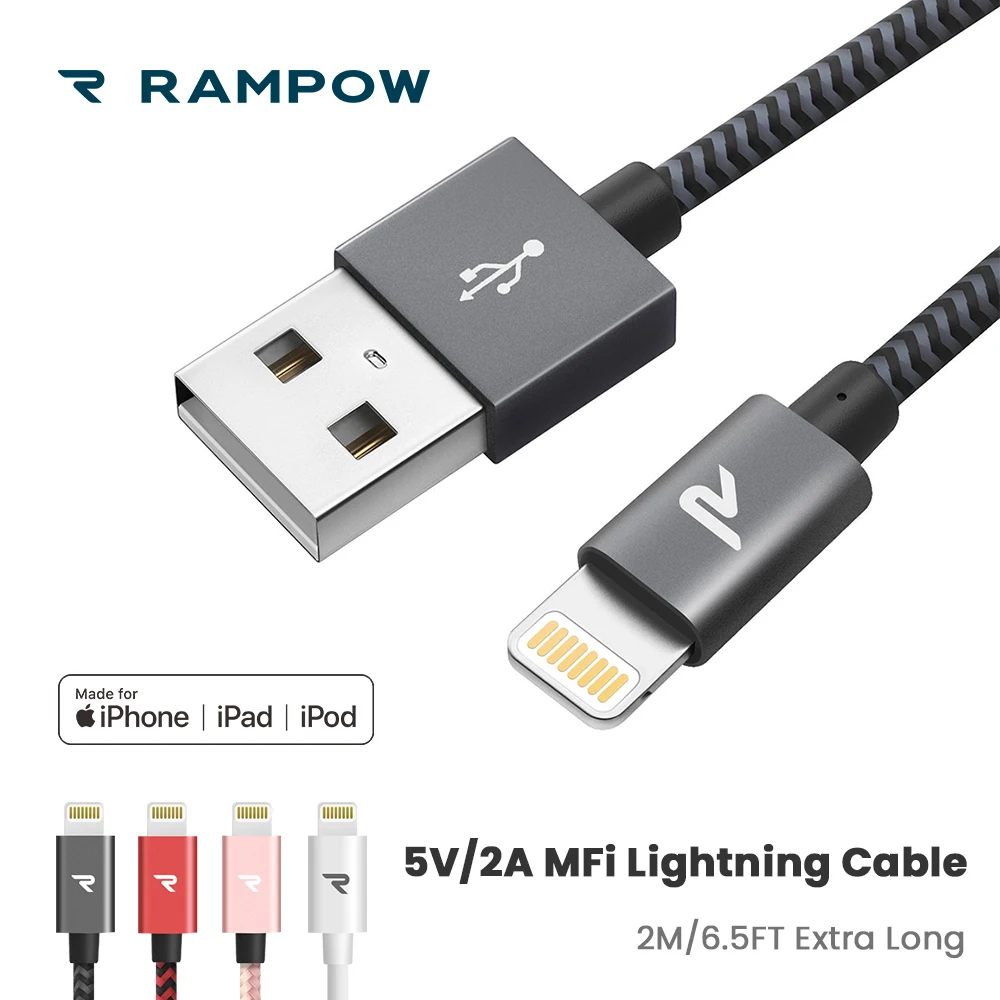 

RAMPOW MFi Certified Lightning Cable for iPhone XR, 5V/2A USB Cable for iPhone X Durable Charging Cable for iPad mini/pro