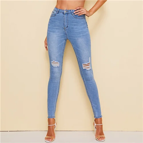 Dotfashion, Синие рваные джинсы-светильник, обтягивающие джинсы, женские повседневные брюки,, летние джинсовые штаны для женщин, джинсы с высокой талией - Цвет: Blue