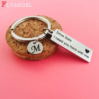 

FLYANGEL Personalized Keychain A-Z 26 Initial Letters Fashion Keyring Engraved Drive Safe I Need You Here With Me Couples Gifts