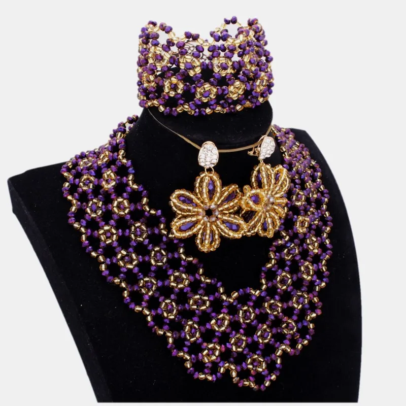 

4UJEWELRY African Chokers Necklaces For Women Set of Jewelry Purple Braid Flowers Latest Nigerian Beads Jewelry Set Gold 2018