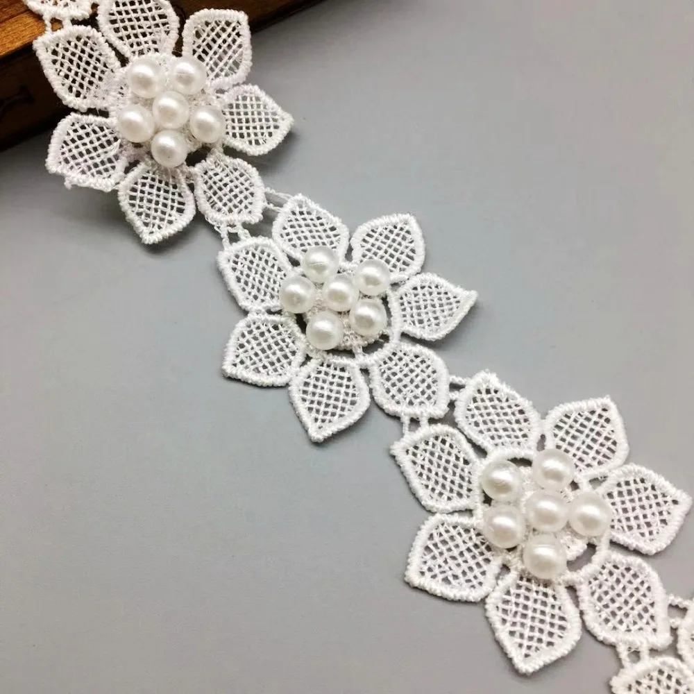 1yd Vintage Flower Pearl Lace Edge Trim Wedding Ribbon Applique DIY Sewing Craft