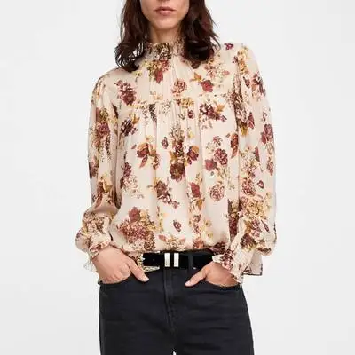 

women chiffon printing clothes Flower Print Long Sleeve Shirt female