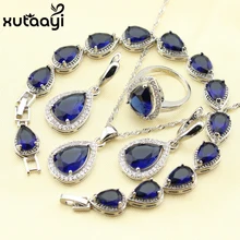 925 серебряные капли воды свадебный набор украшений для женщин голубой кубический цирконий белые камни браслет серьги ожерелье кулон кольца