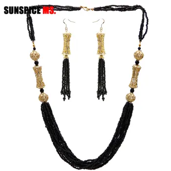 

SUNSPICE-MS Classic African Bead Wedding Jewelry For Women Gold Color Indian Dangle Earring&Necklace Dubai Ethnic Bridal Bijoux