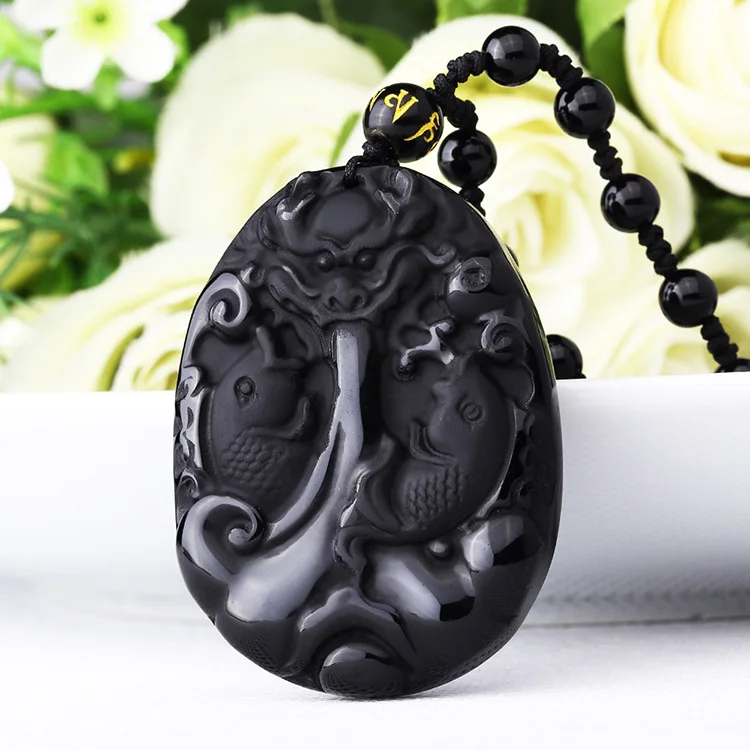 Grande 40X53Mm Cinese Lavoro Manuale Nero Ossidiana Intagliato Frosted Amuleto Fortunato Oriental Leaping Fish Pendente Della Collana Del Drago