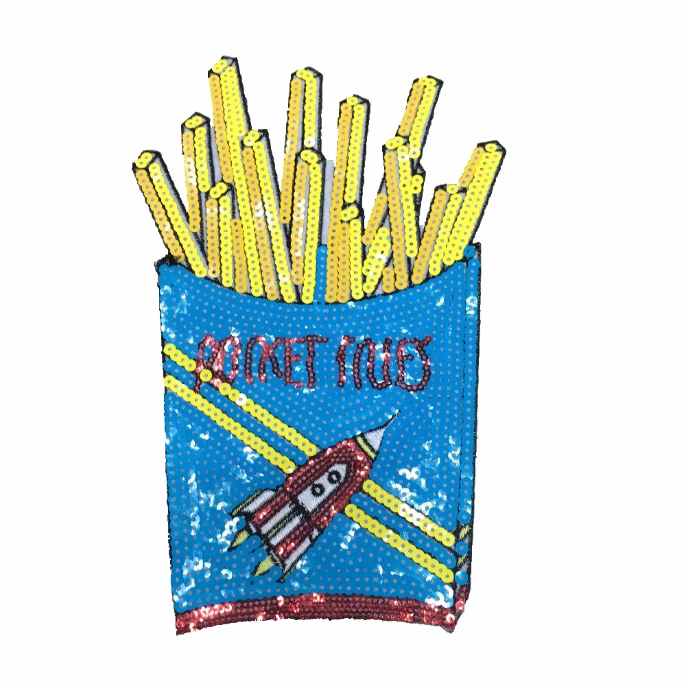 

2 PCS of Rocket Fries Sequined Patch Fashion Embroideried Motif Applique Sew on Cloth Patches DIY Decoration Iron on Patch