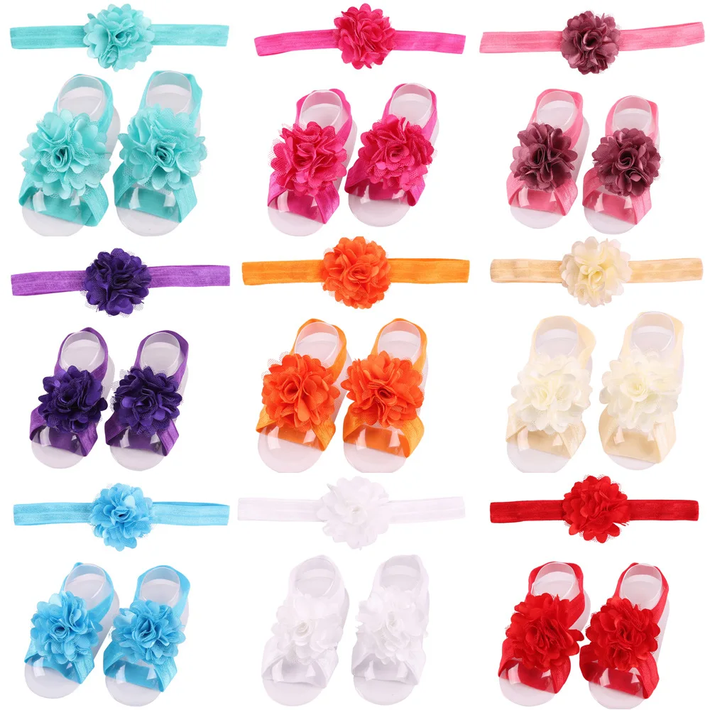 cute Baby Barefoot Sandal Set Headband Footware Flower Elastic Hair Band Accessories 20 Sets Per Lot woman s hollow out mini jeans erotic cute lingerie sets outdoor ass hole short pants with holes see through clubwear kawaii tops