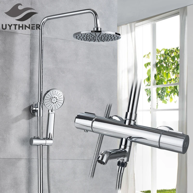 

Bathroom Thermostatic 8 inch Rainfall Shower Mixer Set Bath Shower Swivel Faucet Chrome Hot and Cold Water Shower Wall Mounted