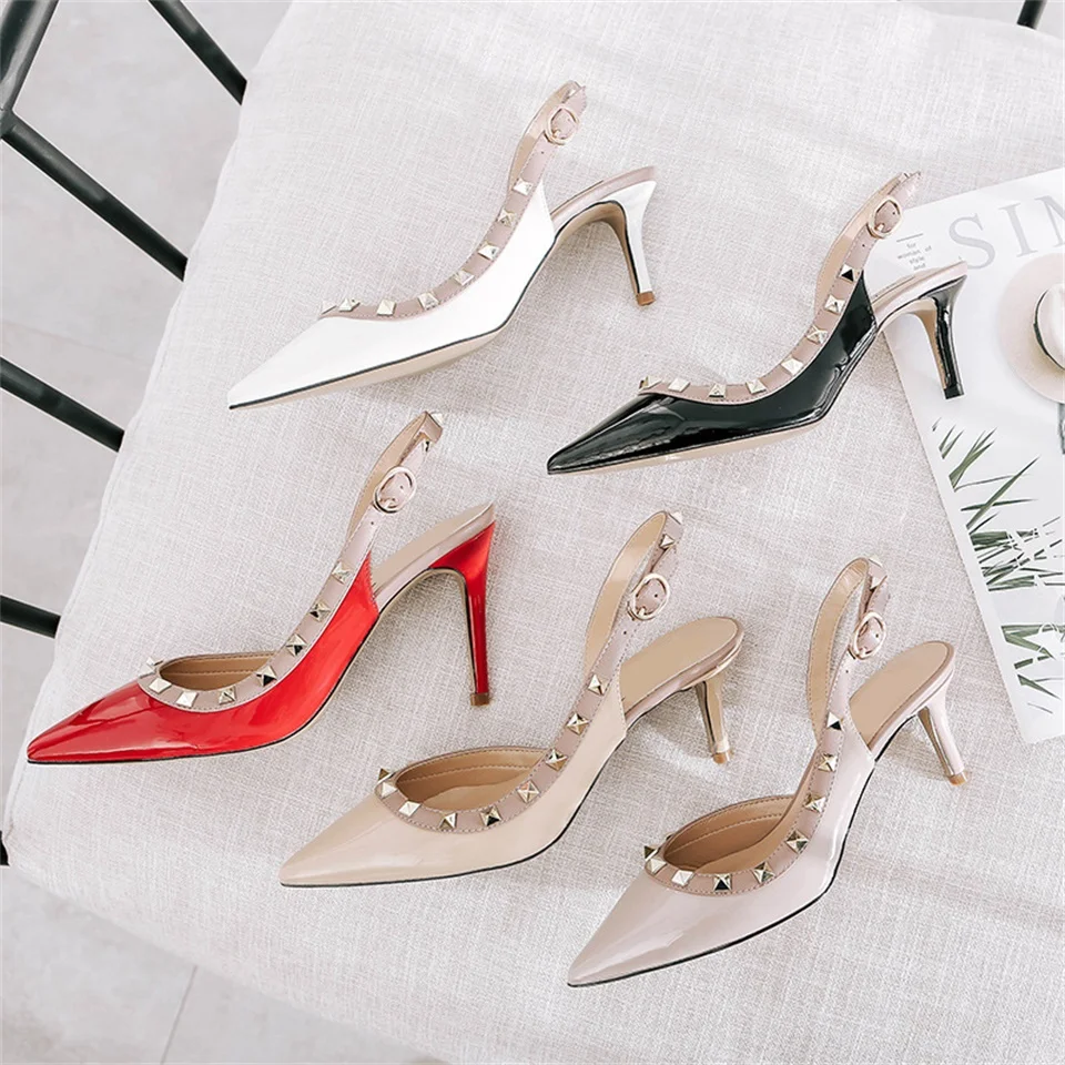 

2019 spring and summer fashion pointed toe ladies sandals rivets thin high heel side wear sexy women sandals size 34-40