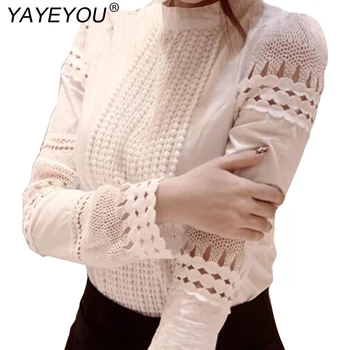 

YAYEYOU 5XL Fashion Spring Autumn Women Lace Blouses Cutout Long-sleeve Shirt White Shirt OL Work Wear Blouse Tops Plus Size