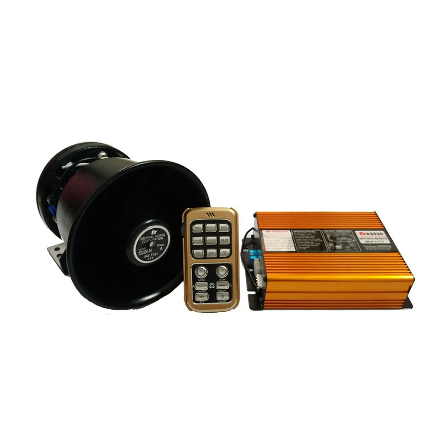

Car Modification 200W 12V Police Siren AS920 Gold Amplifier Metal Black Speaker Car Siren Set Alarm Horn Wireleless Loudspeaker