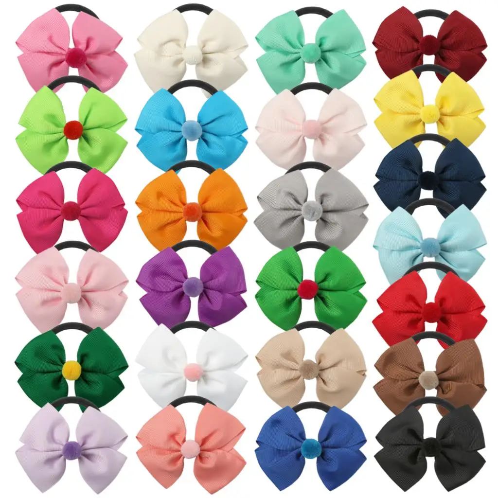 Free Shipping 2pcs Solid Grosgrain Ribbon Bows with Nylon Towel Rope Pom Ball Bowknot Elastic Hair Ties Ponytail Holders