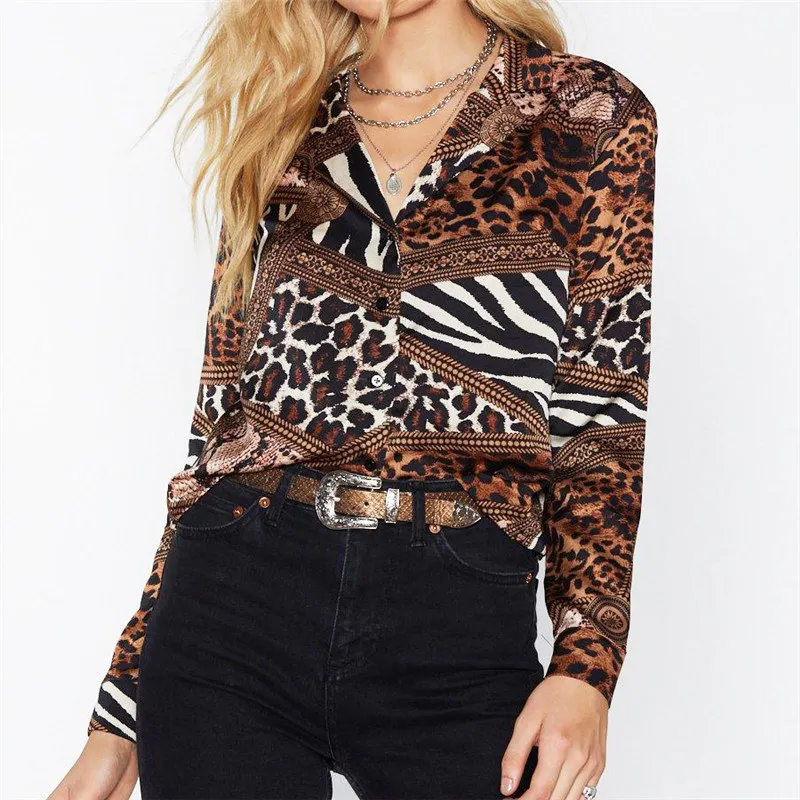 Блуза с леопардовым принтом повседневные женские Топы шифоновая блузка рубашка винтажная рубашка с длинным рукавом отложной воротник Большие размеры - Цвет: Brown
