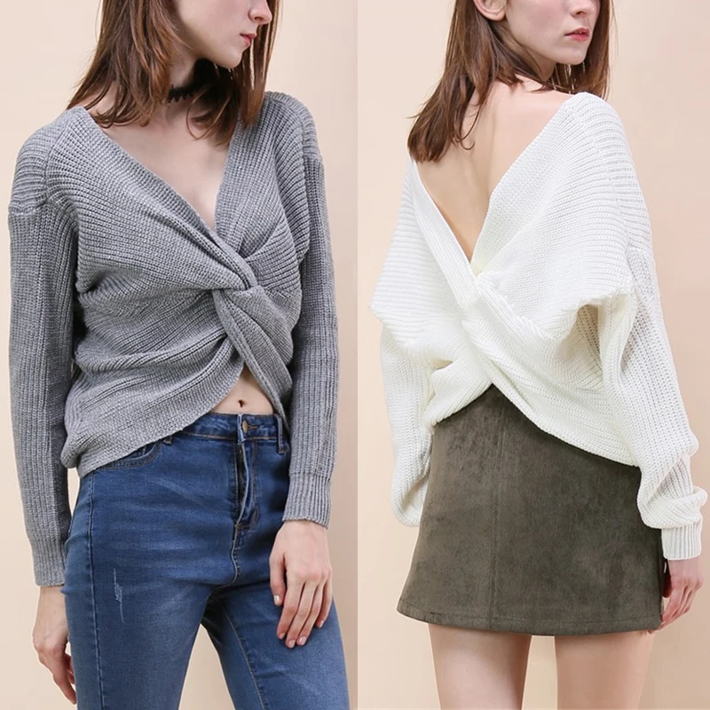 Women Pearl Beading V neck Twist Knot Both Side Sweater