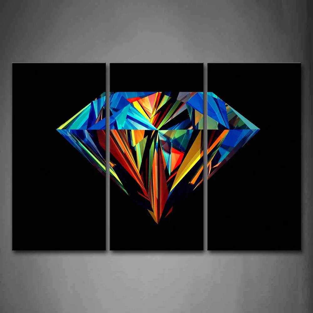 

3 Panels Framed Wall Art Pictures Colors Diamond Black Canvas Print Abstract Posters With Wooden Frame ForRoom Decor