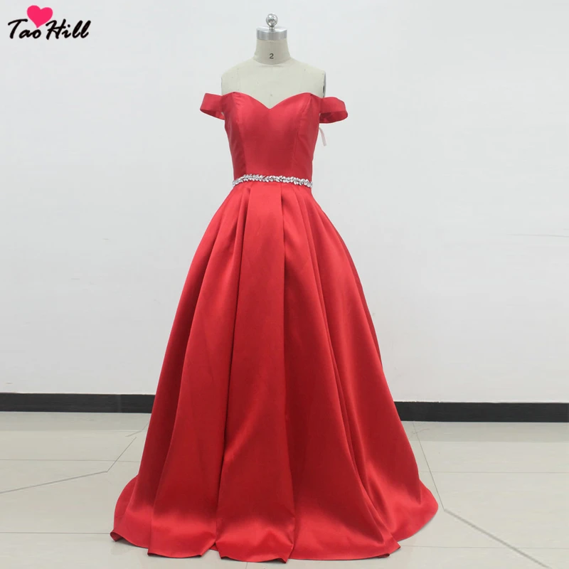 

TaoHill 2019 Red Formal Evening Gowns Dresses A-line Beading Waist Off the Shoulder Sweetheart Neck Robe De Soiree Longue