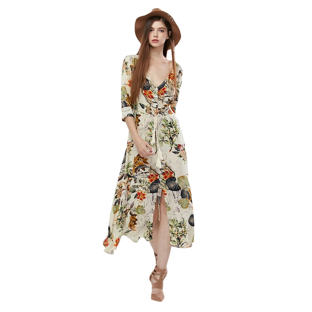 VESTLINDA Vintage Dress Allover Floral Print Elestic Waist Split Long Dress V Neck 34 Sleeve Robe Femme Women 2017 Summer Dress 3