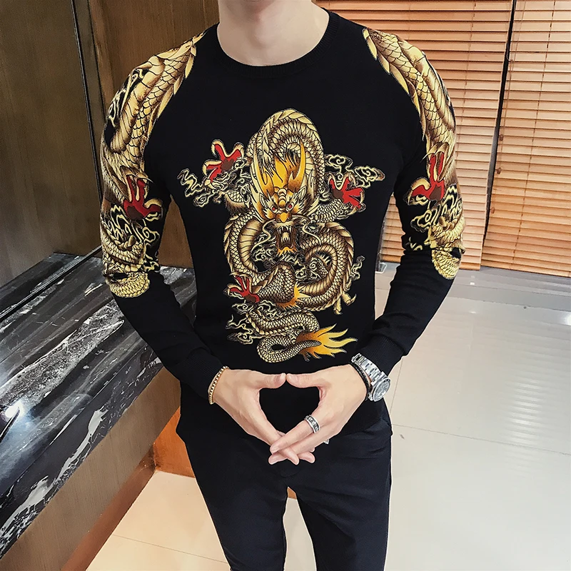Luxury Gold Dragon Print Sweater Men Pullver Erkek Kazak Club Party Stage Clothing Male Sweater Trui Heren Luxury Gold Dragon Print Sweater Men Pullver Erkek Kazak Club Party Stage Clothing Male Sweater Trui Heren