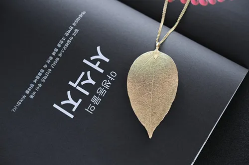 Новое поступление, уникальное золотое ожерелье с настоящими листьями, модный бренд, макси длинные pingente, настоящие листья материала, ожерелья и подвески