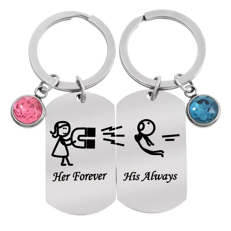 

Valentine 1Pair Stainless Steel Key Chains With Crystals Rectangle Charm Keyrings Jewelry For Lovers' Gifts Customized Engrave