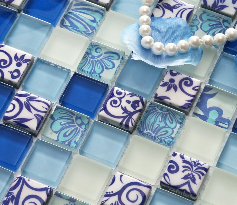 blue printed puzzle flower mosaic tiles EHGM1002 for kitchen backsplash