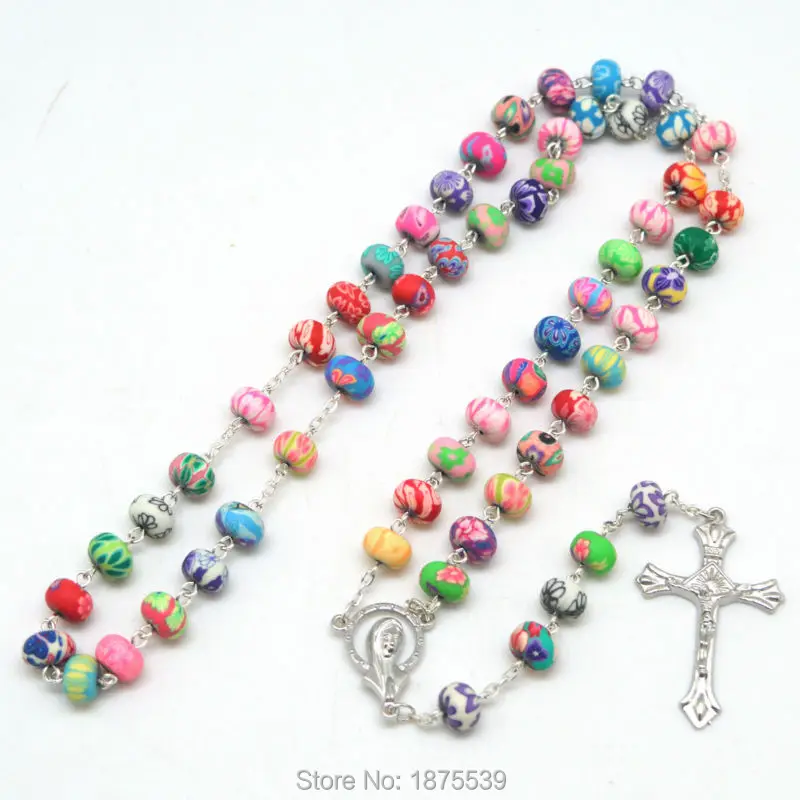 

2017 Fashion Colorful Catholic Rosary with Multi Color Polymer Clay Flat Bead