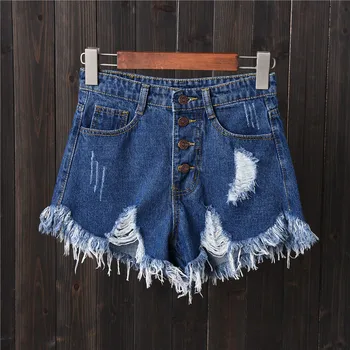 

High waist tassel hole denim shorts women 2019 summer fashion four button short jeans Femme distressed short pants Lady clothing