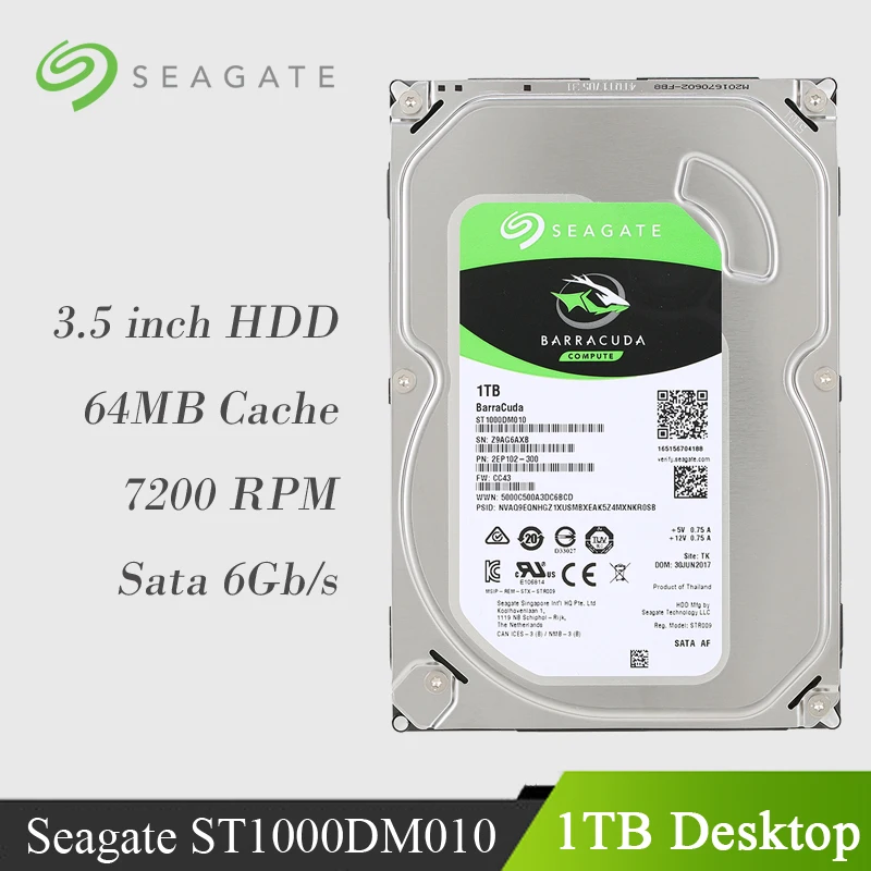 Внутренний жесткий диск Seagate на 1 ТБ 7200 об/мин SATA 6 ГБ/сек. 64 Мб кэш памяти 3 5 дюйма