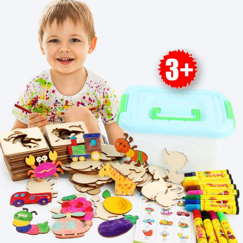 110Pcs Drawing Toys Children Wooden Animal Models Education Puzzle Graffiti Coloring Painting Template Set Educational Toys