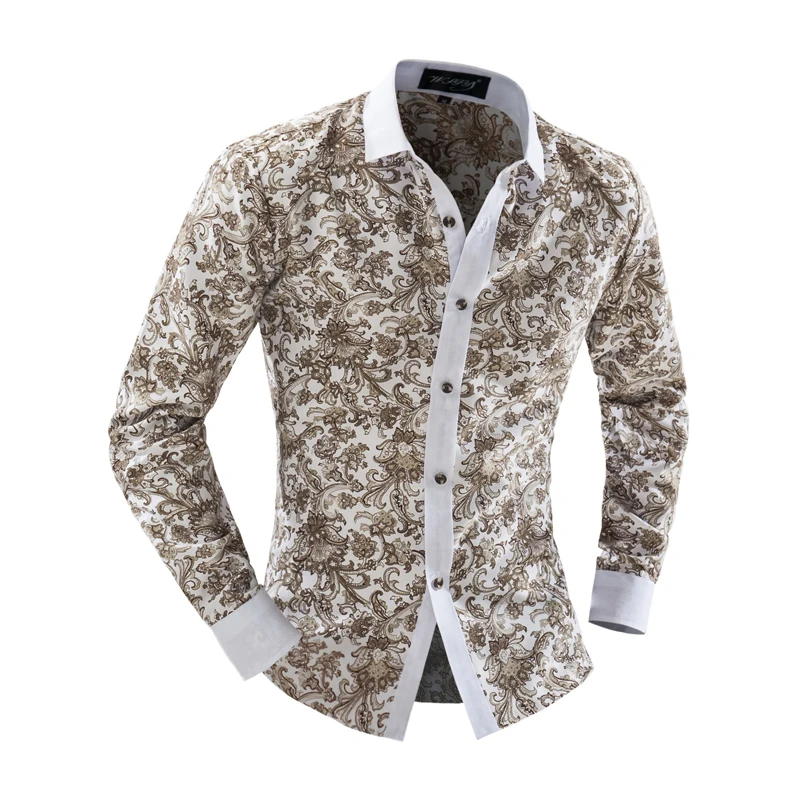 New Style 2016 Floral Print Long Sleeve Blue And White Porcelain Color Design Blouse Lapel Tops Men shirt Size M-2XL