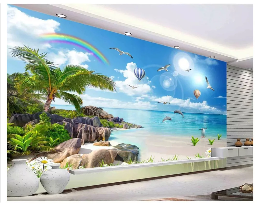 beibehang Ultra HD fashion wallpaper sea view beach coconut tree landscape painting TV background wall papers home decor behang