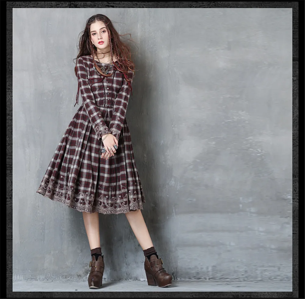 Vintage Embroidery Plaid Women Dress 2017 Autumn Vestido Femininos Cotton Long Sleeve Dress Plaid Patchwork O neck Women Dresses (10)