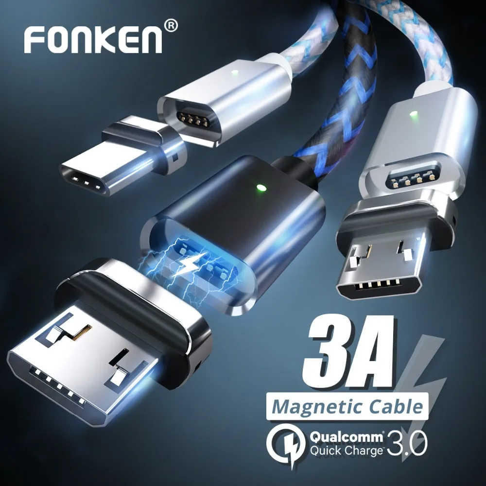 FONKEN USB مغناطيسي صغير كابل للهاتف المغناطيس البسيطة كابل يو اس بي 1 m 2.4A سريع شاحن كابل شاحن Led مزامنة بيانات سلك المحمول الكابلات