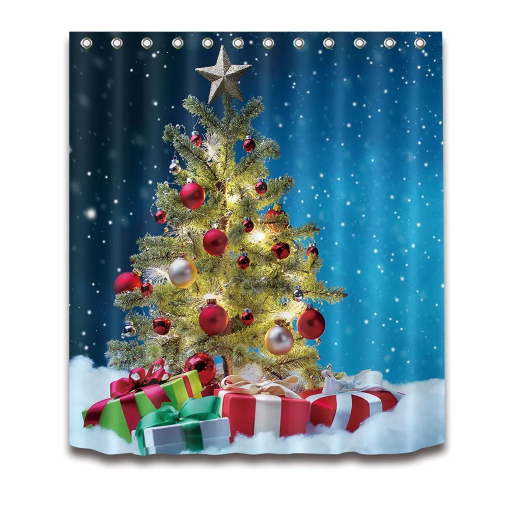 

72'' Snowy Under Stars Gifts Christmas Tree Bathroom Waterproof Anti-Mildew Fabric Shower Curtain 12 Hooks Bath Accessory Sets