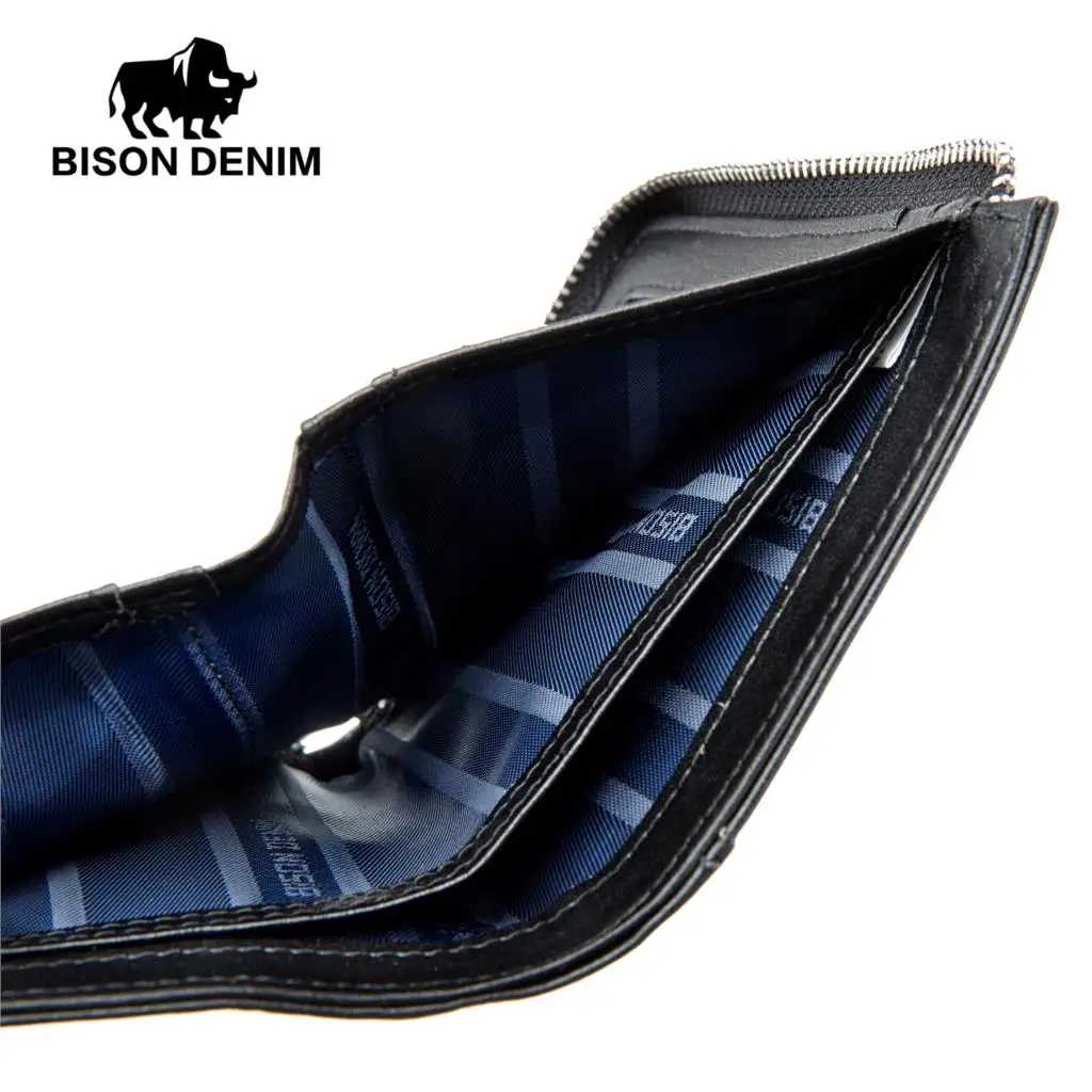 Мужской кошелек BISON DENIM из коровьей кожи с карманом для монет на молнии держатель
