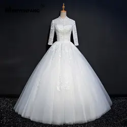 Высокая шея Африканские свадебные платья регулярные Длинные рукава спинки свадебные свадебное платье чистый белый длинный свадебное