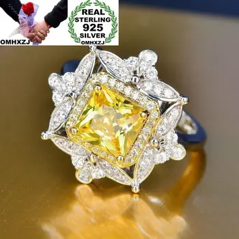 

OMHXZJ Wholesale European Fashion Woman Man Party Wedding Gift White Yellow Square AAA Zircon 925 Sterling Silver Ring RR70