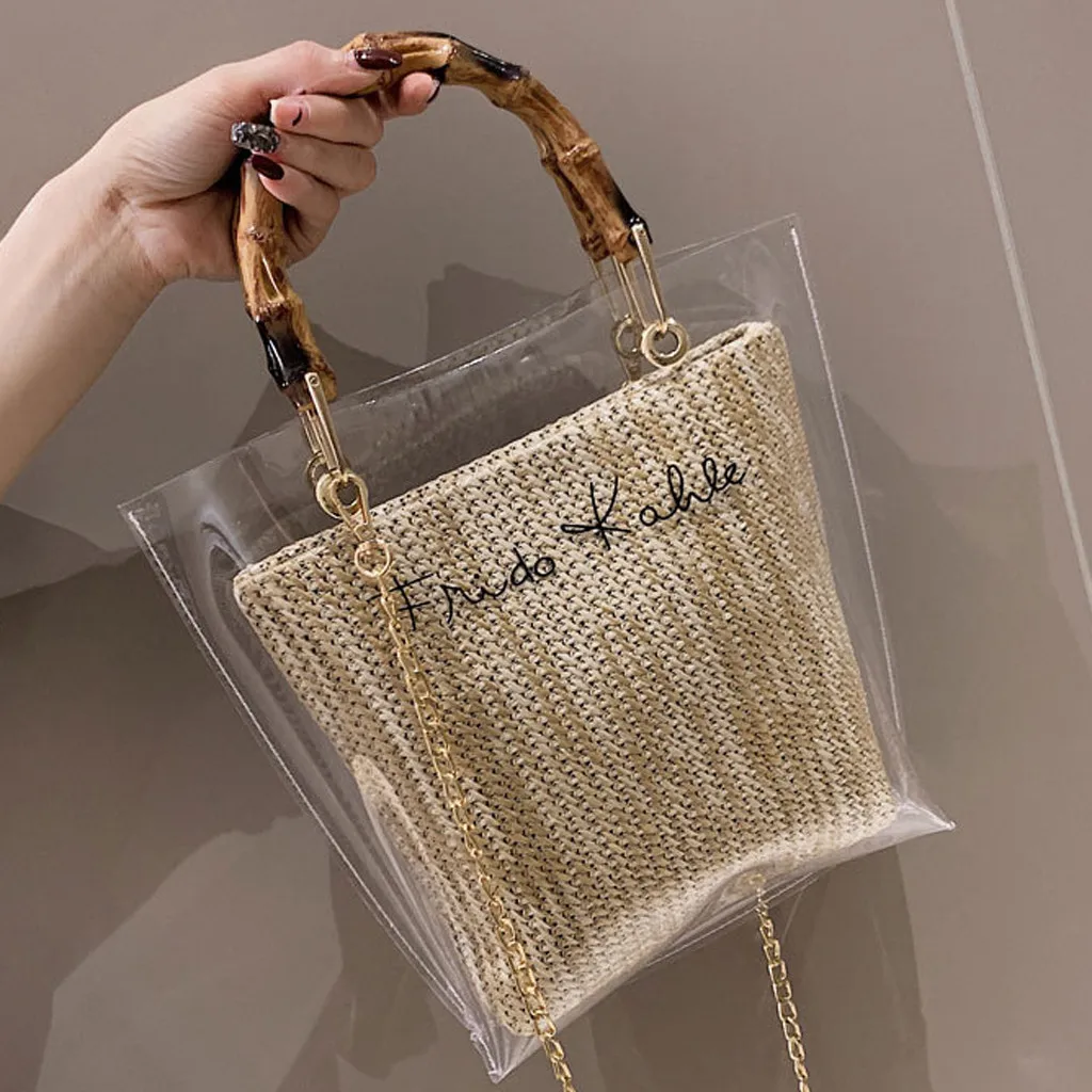 2019 women bag Trendy Clear Jelly shop Shoulder Bags Ladies Bamboo Weave Handbags For Party ...