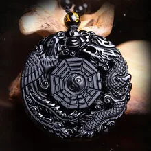 Натуральный черный обсидиан ручной резной китайский дракон феникс Багуа счастливый амулет кулон ожерелье Модные ювелирные изделия