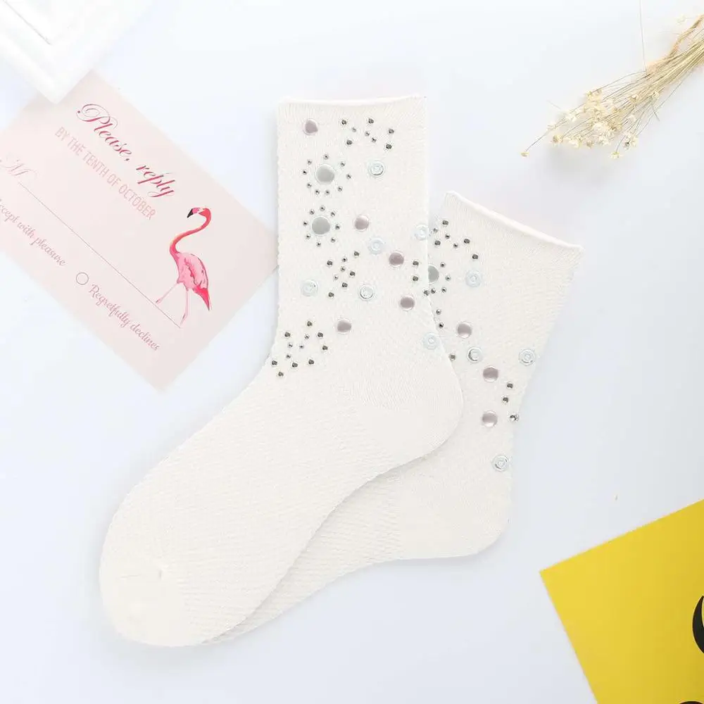 [WPLOIKJD] Harajuku, блестящие носки с металлическими блестками и драгоценным камнем, женские прозрачные носки ручной работы, хлопковые носки, кучи, Meias Calcetines Sox - Цвет: White Socks