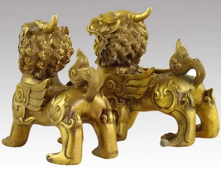 Chinese Pure Brass Animal Fengshui Kylin Unicorn Foot Statue A Pair Antique