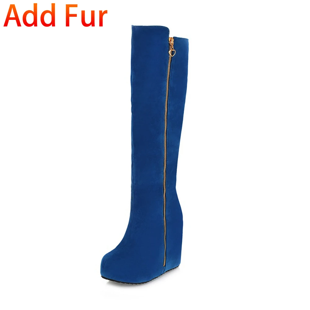KARINLUNA/новые женские туфли на танкетке, на высоком каблуке, на молнии, однотонные, с круглым носком, на платформе, женские повседневные зимние сапоги до колена Большие размеры 32-43 - Цвет: blue add fur 1