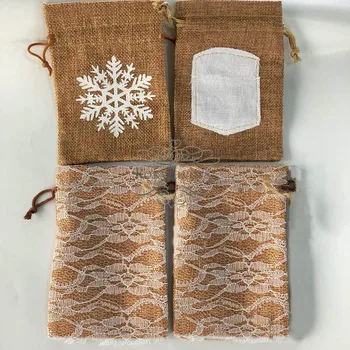 

20pcs Retro Linen Burlap Pouch Jute Bag Drawstring Gift Wrap - Snowflake, Floral Lace, Sewn Writing Fabric Styles Package Bag