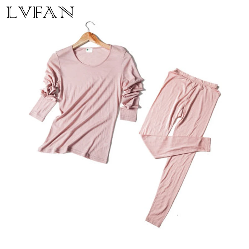 

30%Silk 70% Wool Warm Solid Color Round Neck Ladies Underwear Set Silk Autumn Clothes Long Pants Thermal Tops +Panties Sleapwear