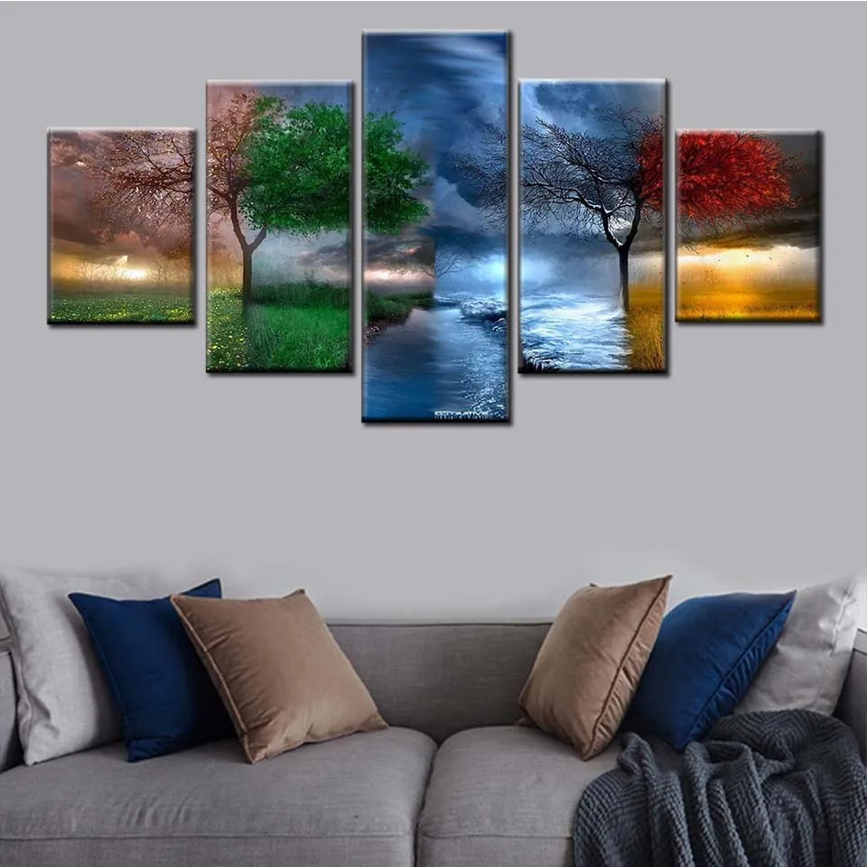 

Print Nordic Picture Wall Art Frame 5 Pieces 4 Season Tree Abstract Painting Living Room Landscape Canvas Poster Home Decor
