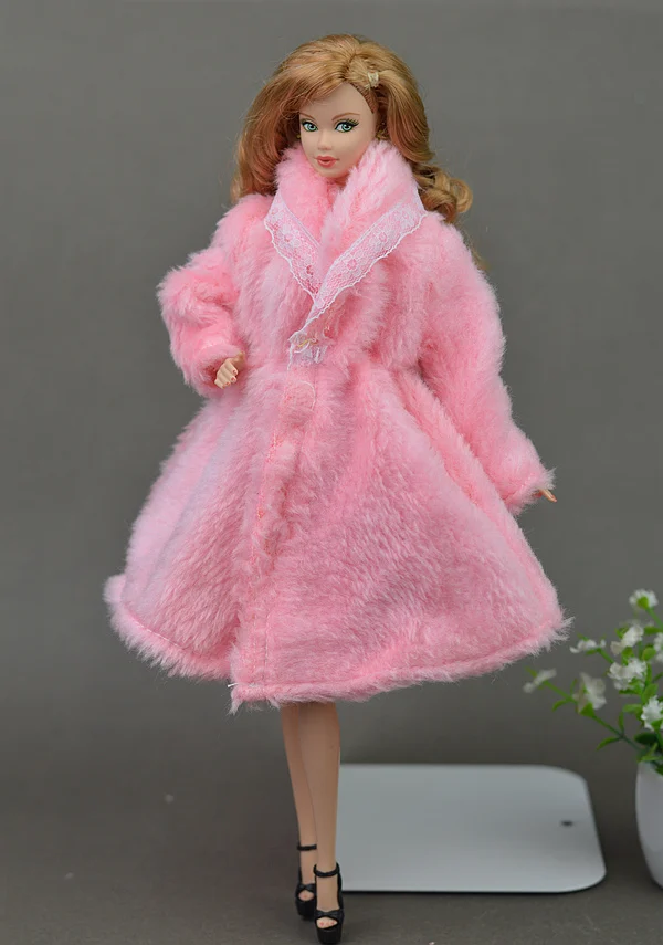 Kids Playhouse Toy Doll Accessories Winter Warm Wear Pink Fur Coat - Main Image