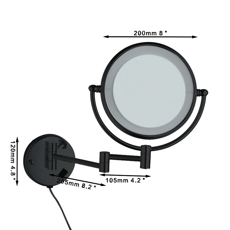 JIENI, 3X увеличительный светодиодный светильник, косметическое зеркало, 8 дюймов, настенное, для ванной комнаты, туалета, косметическое зеркало, складное, двойное, боковое зеркало - Цвет: Black
