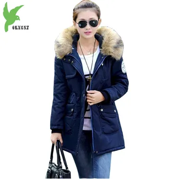 

New Women Winter Cotton Jacket Fashion Solid Color Flocking Hooded Fur Collar Casual Costume Plus Size Thick Warm Coat OKXGNZ888
