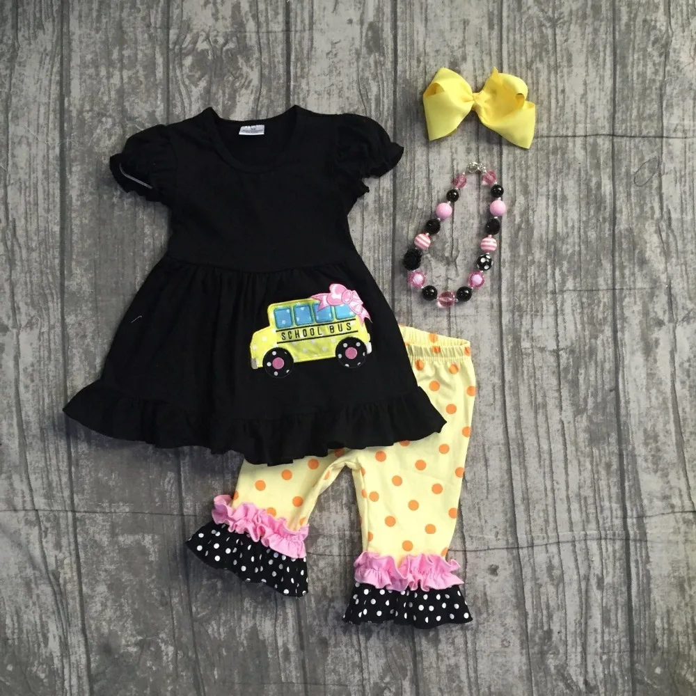 

2018 Back to school baby girls outfits boutique clothing school bus black yellows ruffles capris set with matching accessories
